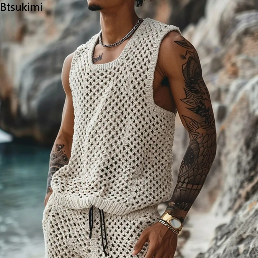 2024 Mens Summer Casual Knit Twopiece Sets Fashion Solid Loose Tank Tops and Shorts Beach Sport Suit Men Hollow Out Streetwear y240819