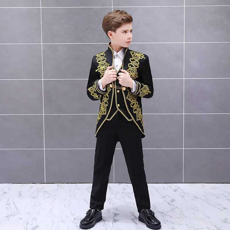Suits Childrens Lovely Blazer Vest Pants 3pcs Suit Set Boys Golden Flower European Court Prince Charming Stage Drama Show Costume