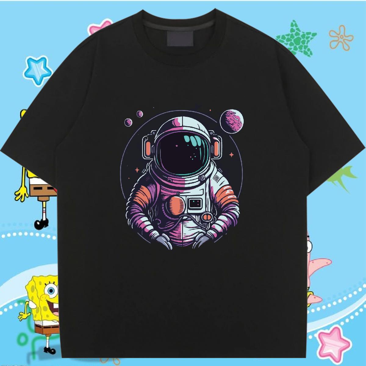 5A Unisex Tshirts 230g Pure Cotton cosmonaut Street Women T Shirts Breathable Short Sleeve Cartoon Floral Printing Tops