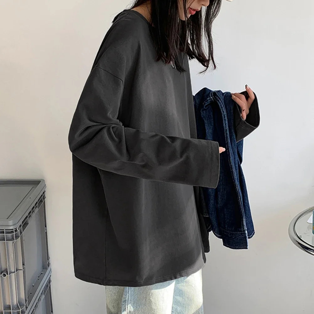 100% Cotton Spring Long sleeve T-Shirt Women Basic Tee Shirt Oversize T Shirt Women Casual O-neck Women Tshirt US size 240806