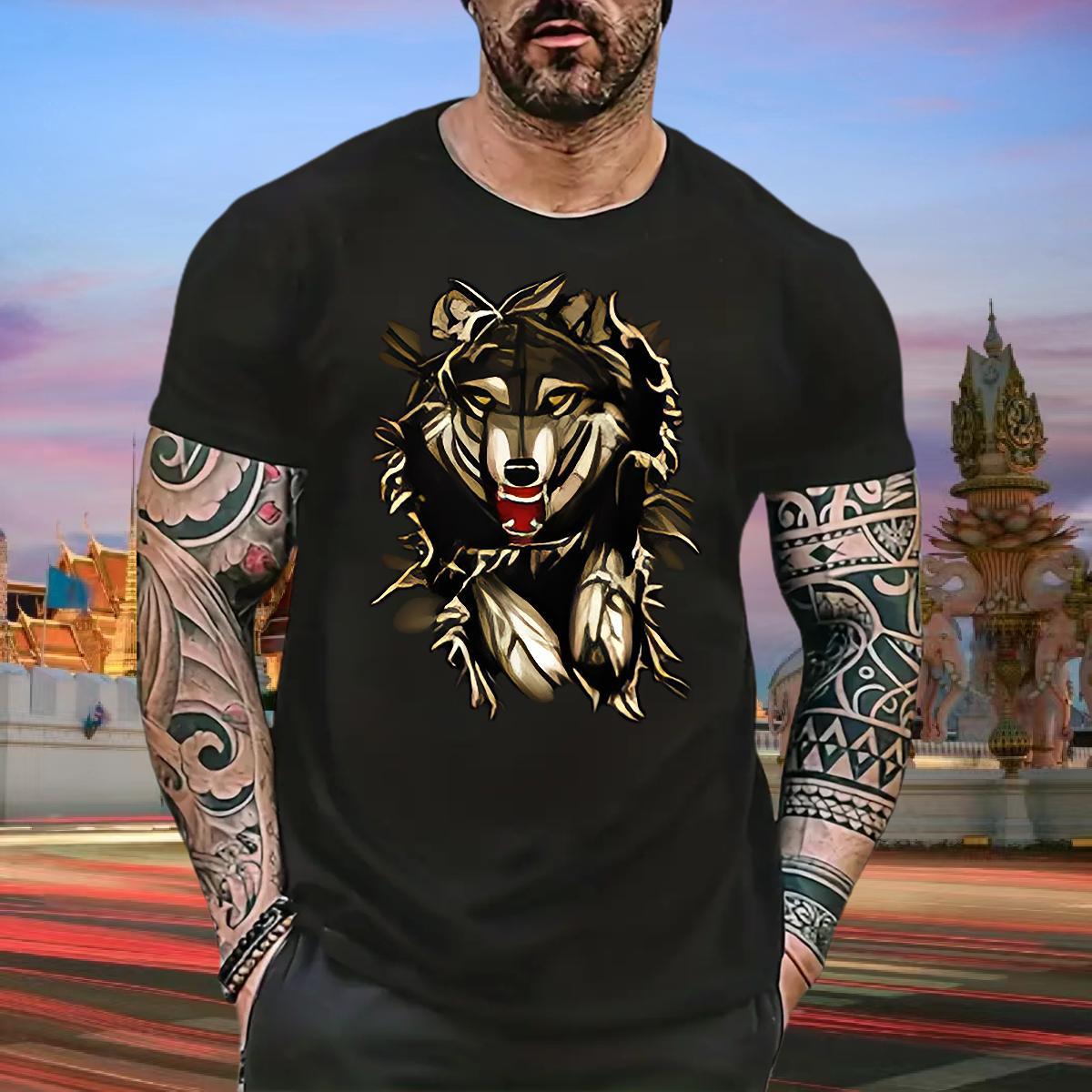 Free Shipping T Shirts Men 230g Cotton wolf Sports Casual Tshirts Short Sleeve Soft TOP Quality Mens Tshirts Cartoon Print