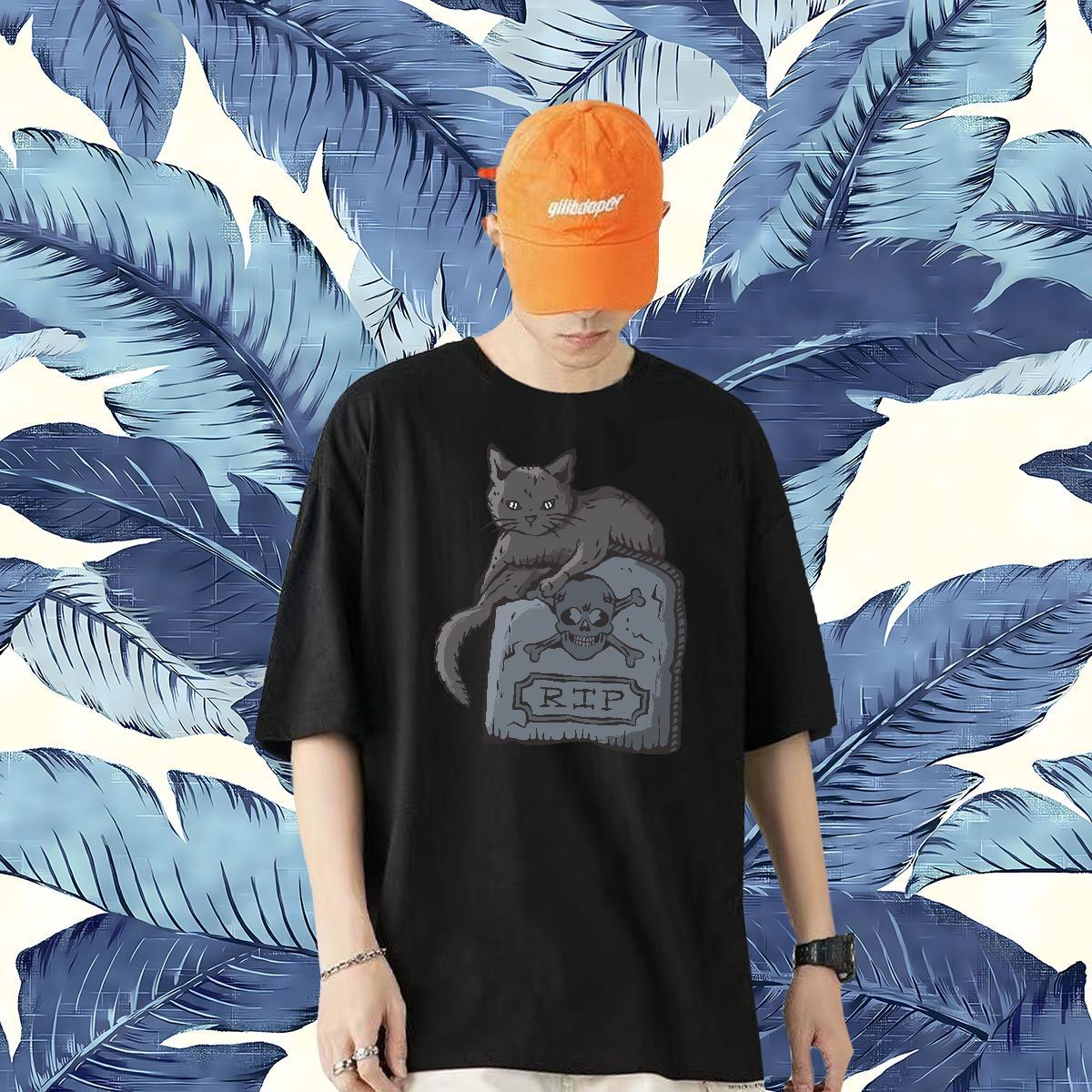 New Designer T Shirts Men 100% Cotton 230g cat Casual Daily Wear Tops Short Sleeve O-Neck Free Shipping Men Tops Tees Anime Print