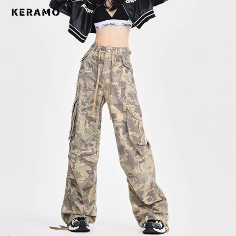 Womens Retro High Street Casual Overalls Printting Wide Leg Pants American Oversized Y2k Drawstring Loose Fit Cargo Pants 240806