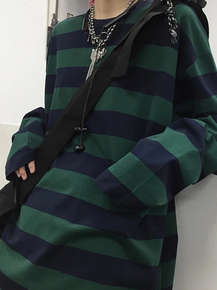 Autumn Striped T-Shirt Long Sleeve Oversize T-Shirt Gothic Teen Tops Couple Casual Women Shirt Fashion Harajuku Loose Streetwear 240806