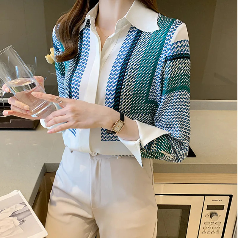 #3160 Spring Autumn Office Shirt Women Turn-down Collar Slim Fit Chiffon Womens Tops And Blouses Elegant Office Blouse Femme 240806