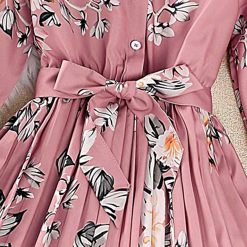 Girl 8-12 years old pink printed long sleeved pleated elegant vacation party dress for girlsW240720