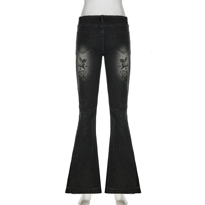 Darlingaga Fairycore Vintage Floral Skinny Flare Jeans Denim Low Rise Y2K Chic Aesthetic Women Trousers Distressed Gothic Pants 240806