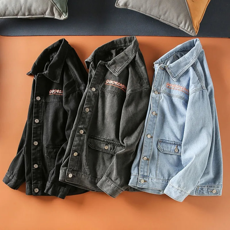 Y2K Harajuku Style Fashion Washed Old Young Men Vintage Hip Hop Letters Embroidered Lapels Casual Denim Jacket 240802