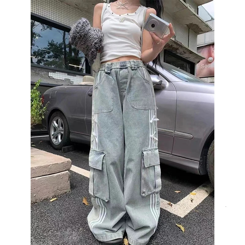 Womens Bow Y2k Cargo Jeans Harajuku Baggy Denim Trousers Aesthetic Jean Pants Vintage Japanese 2000s Style Trashy Clothes 240806