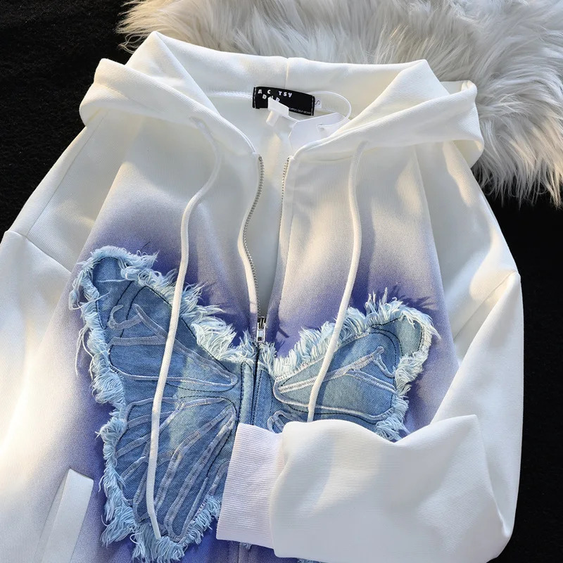 Vintage Denim Butterfly Embroidery Patchwork Tops Women Autumn Loose Long Sleeve Pullovers Y2k Street Hoodies Couple Sweatshirt 240805
