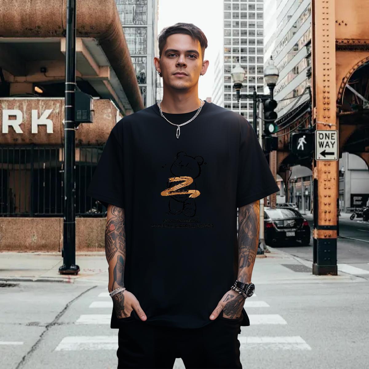 Man T Shirts 230g Pure Cotton bear High Street Hip Hop Crew Neck Anime Print Tshirt for Man Woman Wholesale High Quality Polos