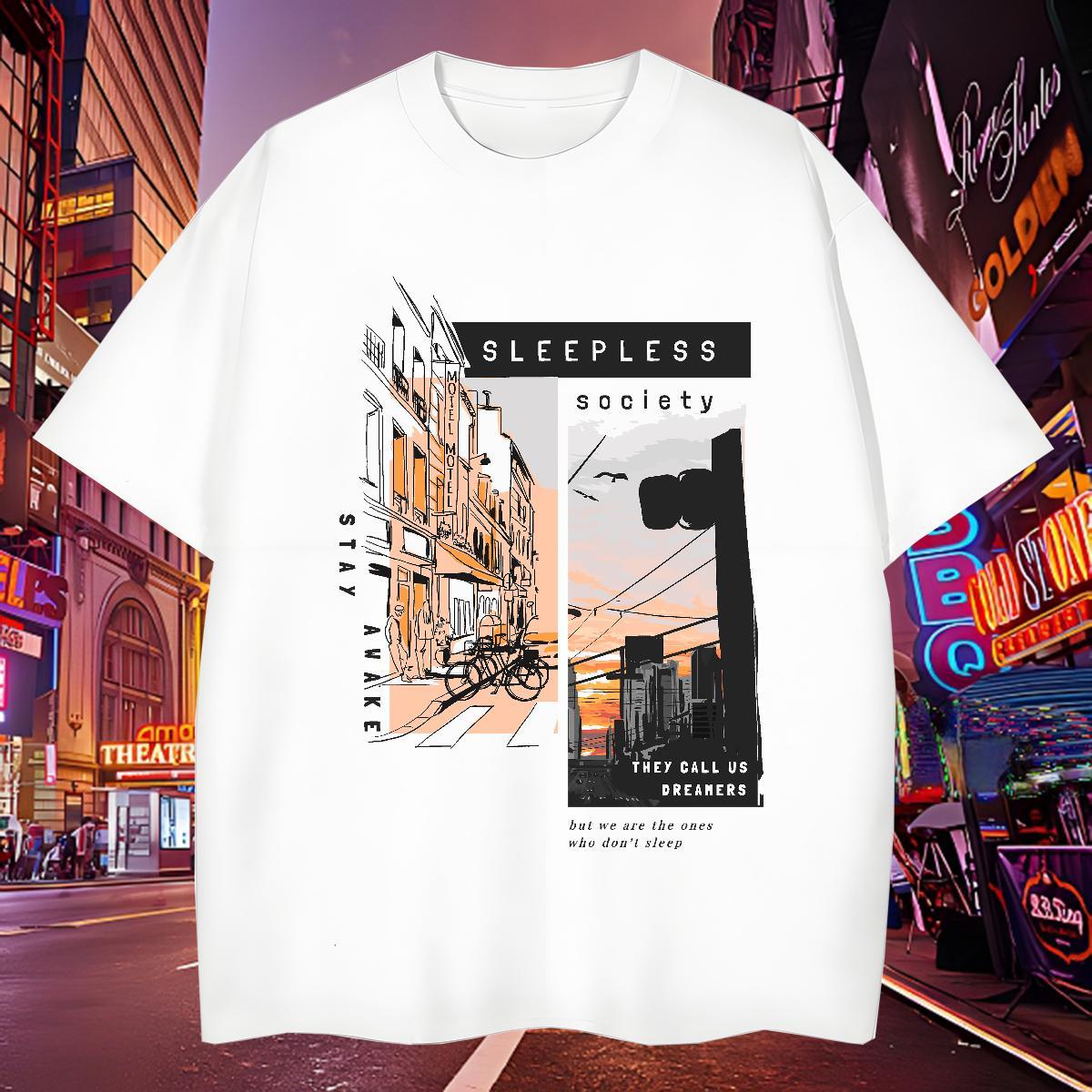 High Quality Couples T Shirts 230g Cotton Tall buildings, streets T-Shirts Casual Beach Breathable Crew Neck Custom Printing Brand Tshirts