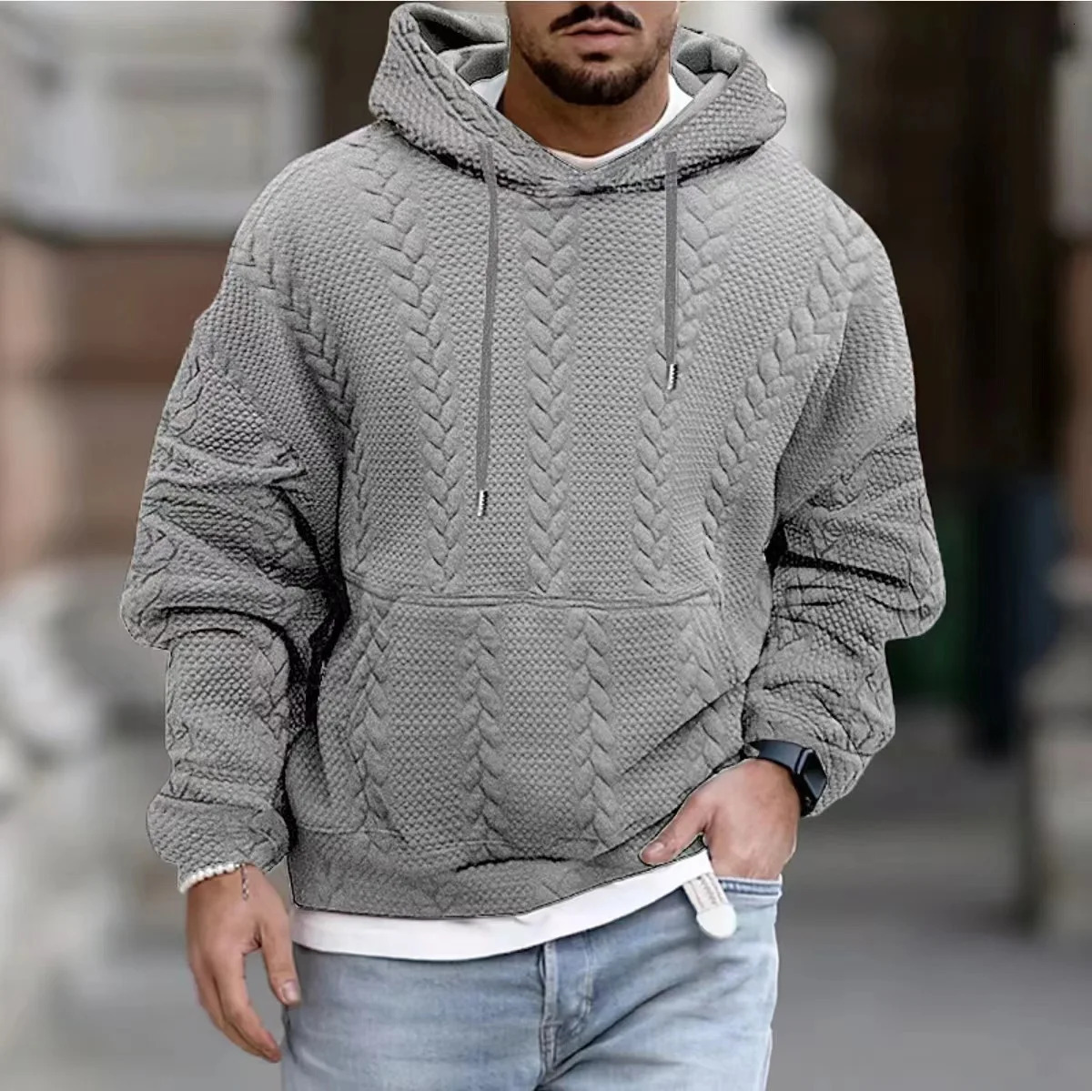 Mens Hoodie Fashion Street Clothing Casual Loose Long Sleeve Tshirt Top Solid Jacquard Knitted Pulling Flower Thick w240821