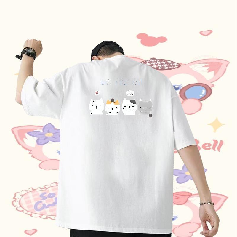 Brand T-Shirts for Men 230g 100% Cotton cat Anime Printing Street Top Tees O Neck Short Sleeves Wholesale Mens Tshirts Cartoon Printing L-4XL