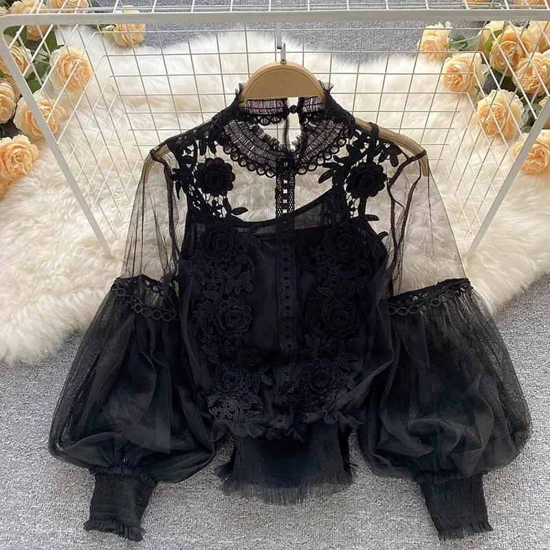 Women's Blouses Lace Long Sleeve Blouse Vintage Fashion Elegant Femme Blusas Korean Woman Tops Women Shirts Clothing Drop