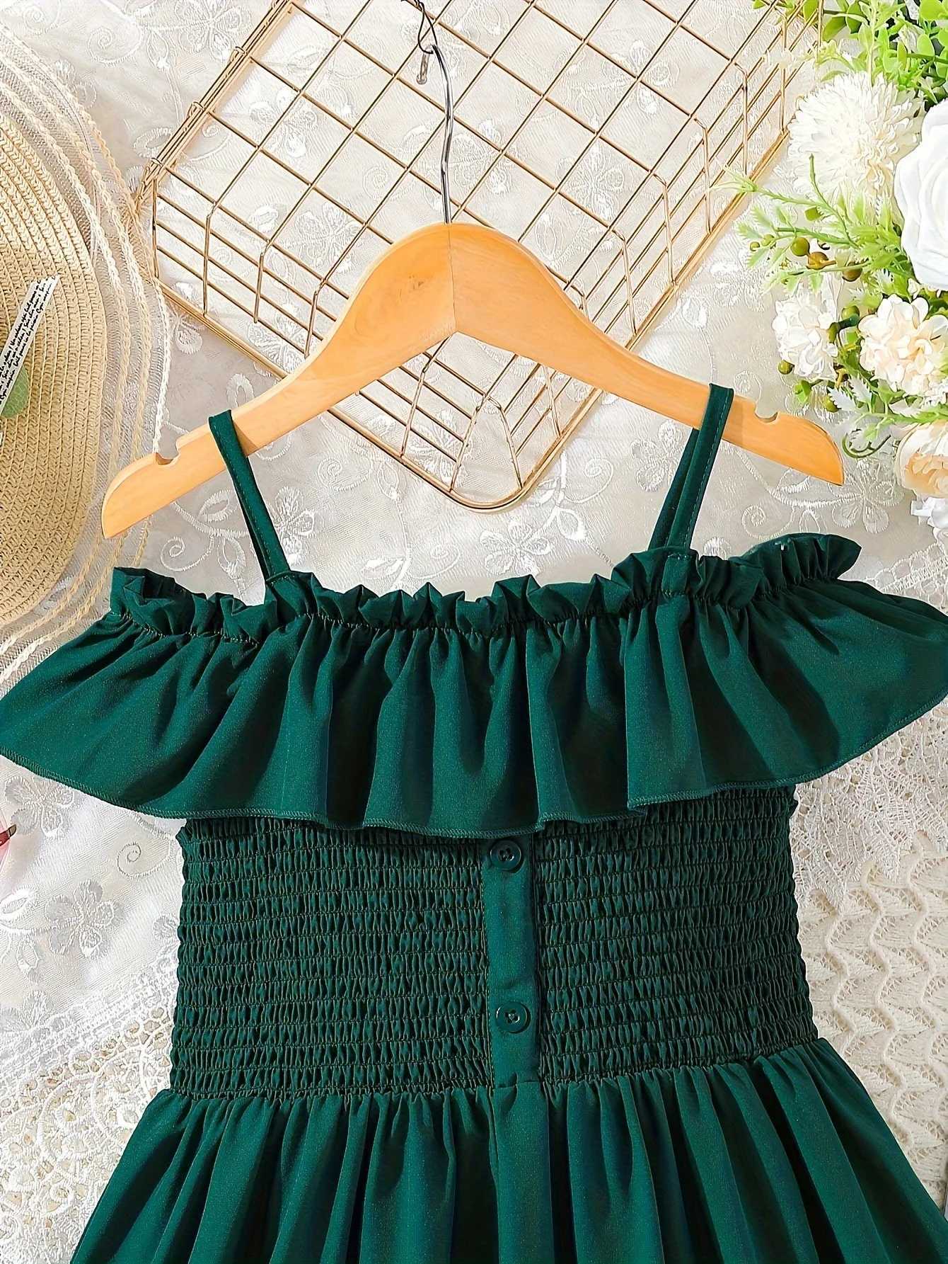 Summer girls high school girls big girls dark green pleated shoulder elegant dressW240720