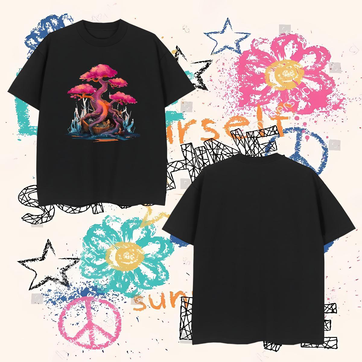 2024 DIY T-Shirts for Men 230g Pure Cotton tree Home Outdoor Tee Shirt Crew Neck Breathable Loose Men Tops Tees Black White