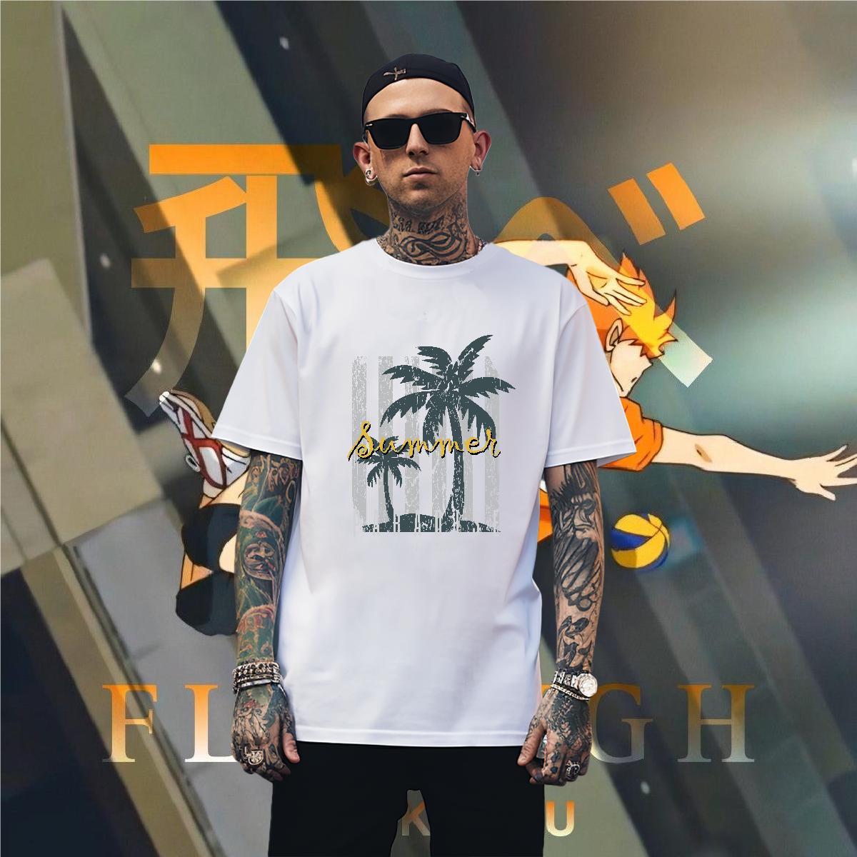 T Shirts Men 230g 100% Cotton tree High Street Hip Hop Short Sleeve O-Neck Custom Big Size Mens Tshirts 2024 New Loose Fit Clothes