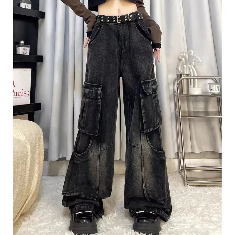 FOTVOTEE Cargo Pants Women Casual Loose Pockets Vintage Streetwear Denim Pants Korean Style Fashion Wide Leg High Waisted Jeans 240806