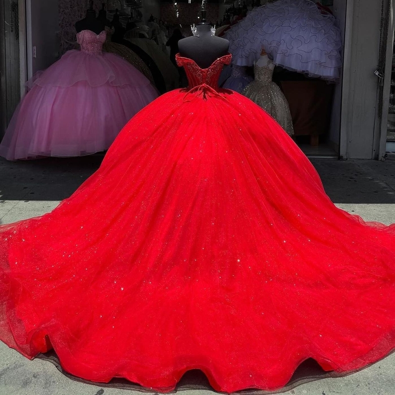 Red Sparkly Princess Quinceanera Dresses 2024 Crystal Beads Tull Corset Lace-up vestidos 15 de xv anos Sweet 16 Gown