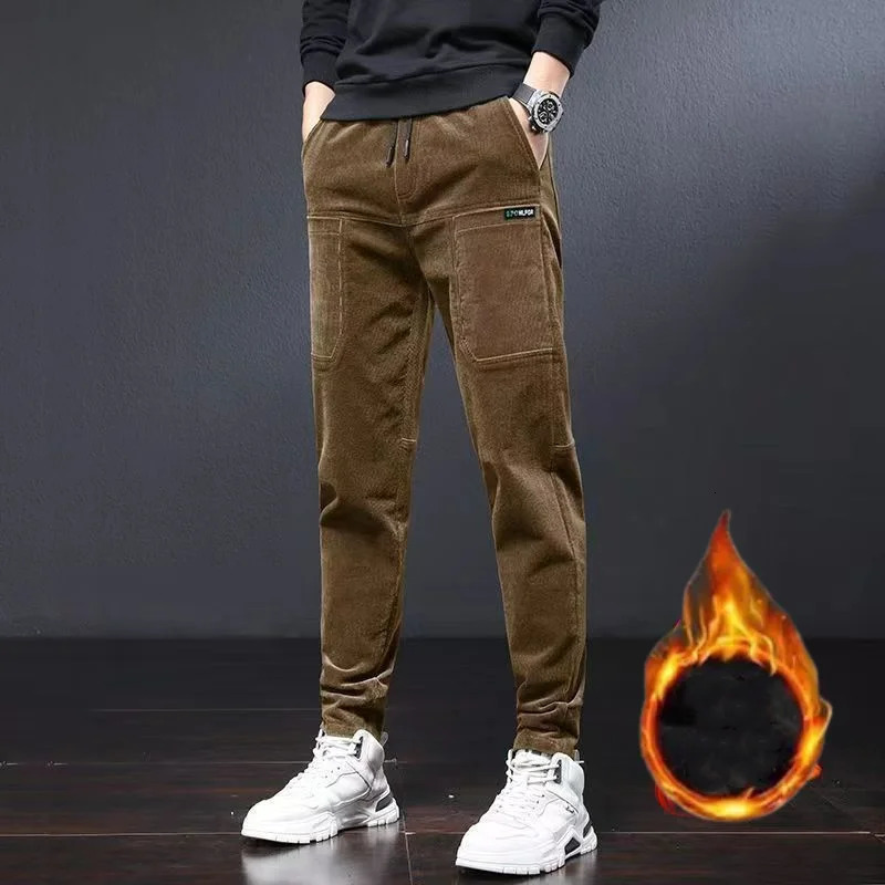 Streetwear Fashion Men Solid Corduroy Cargo Pants Autumn Winter Korean Slim Vintage Male Clothes Casual Warm Straight Trousers 240806
