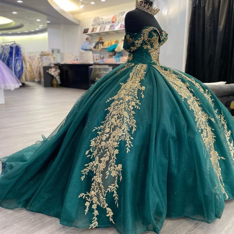 Emerald Green Shiny Sweetheart Quinceanera Dresses Ball Gown Gold Applique Lace Beads Tull Sweet 16 Dress Birthday Party Vestidos De 15 Anos