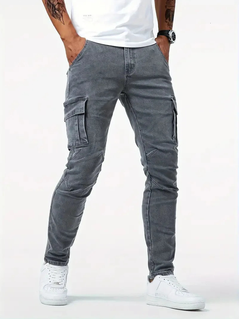 Street Elastic Jeans Men Denim Cargo Pants Wash Solid Color Multi Pockets Casual Mid Waist Trousers Slim Fit Daily Wear Joggers 240806