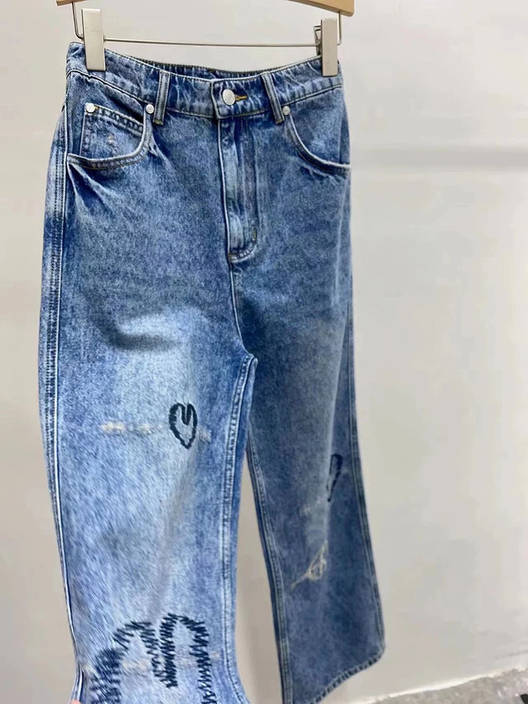 IOO SAND Womens Jeans High Waist Straight Fashion Embroidery Pants Streetwear Vintage Casual Female Wide Leg Denim Trouser 240806