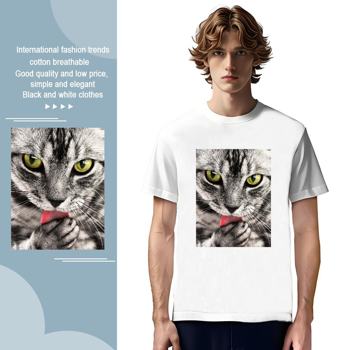 T-Shirts for Men 230g Pure Cotton cat Outdoor Crew Neck Breathable Anime Print Tshirts Customized Free Shipping Tee Shirt