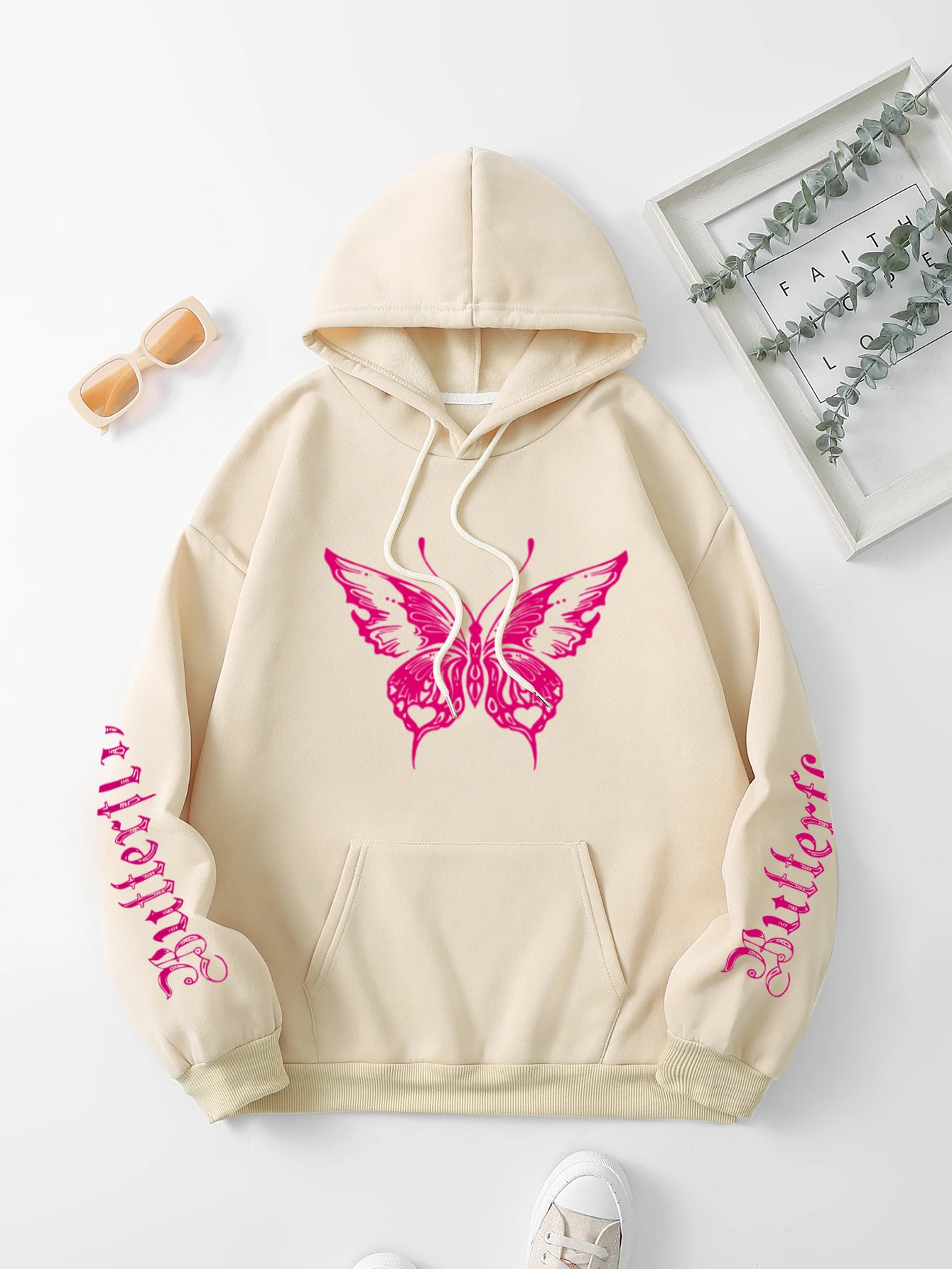 Butterfly Letter Print Drawstring Hoodie Casual Long Sleeve Kangaroo Pocket Hoodie Sweatshirt Womens Clothing 240806