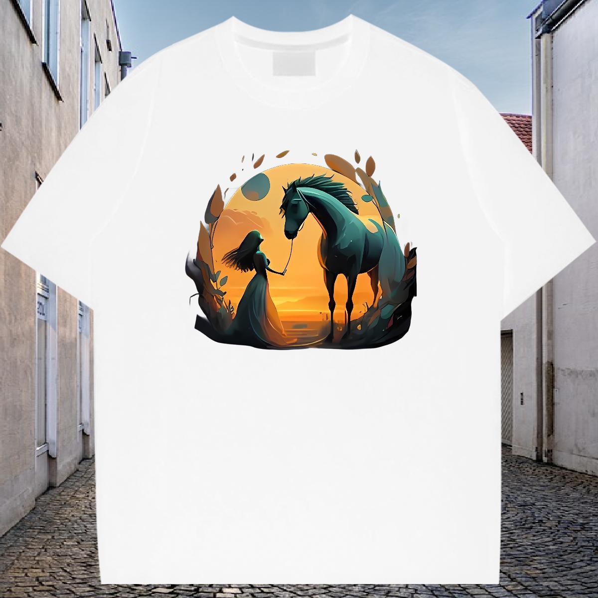 Fashion Design T Shirt For Man 230g Cotton horse Anime Printing Street Tops Crew Neck Cool Design Tshirts Oversized