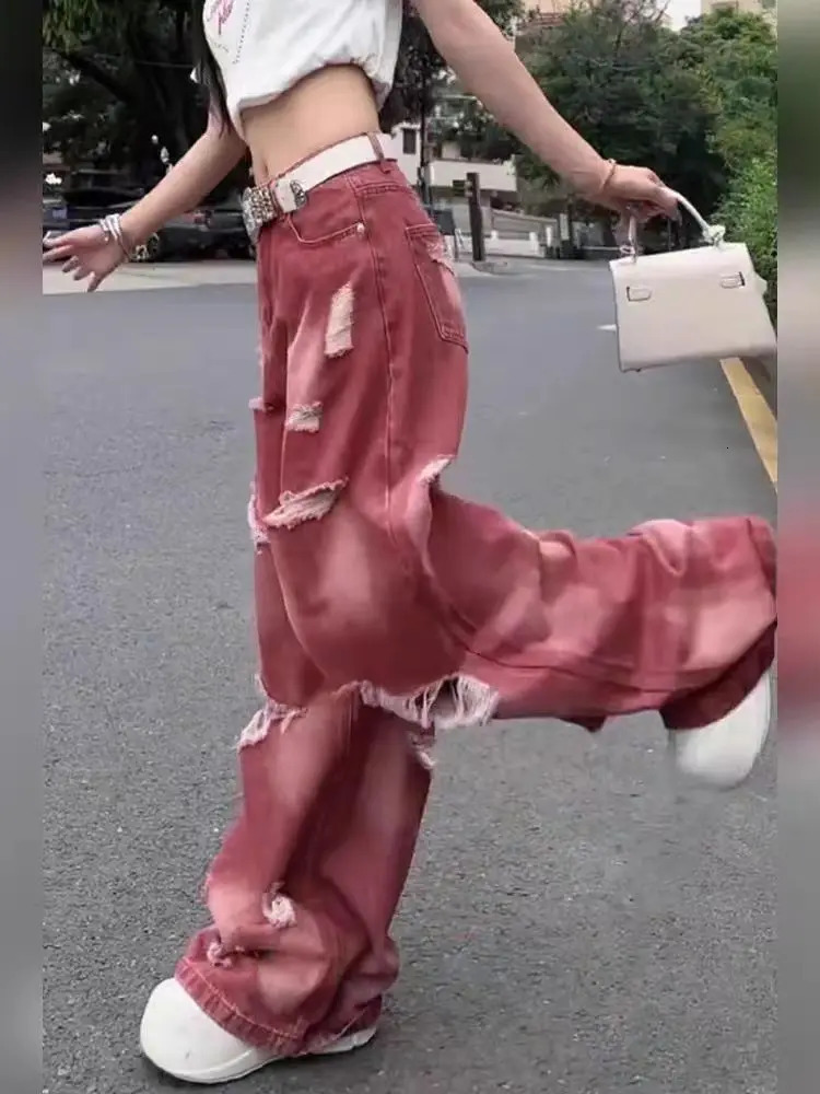 Womens Pink Y2k Ripped Cargo Jeans Harajuku Denim Trousers Aesthetic Y2k Jean Pants Vintage Japanese 2000s Style Trashy Clothes 240806