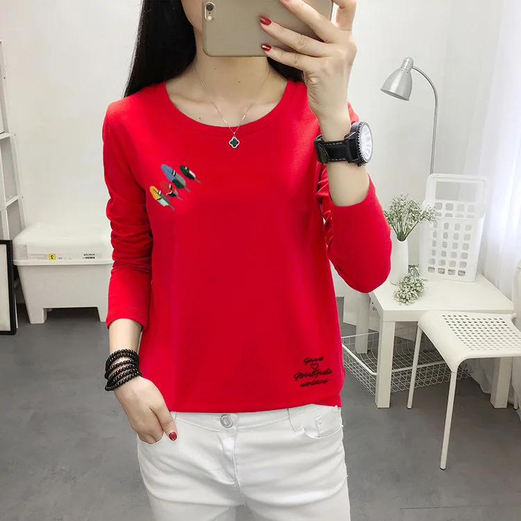 Long Sleeve T-shirt Women Simple Print Round Neck Top Loose Base Shirt Outdoor Wear Autumn Clothes 240806