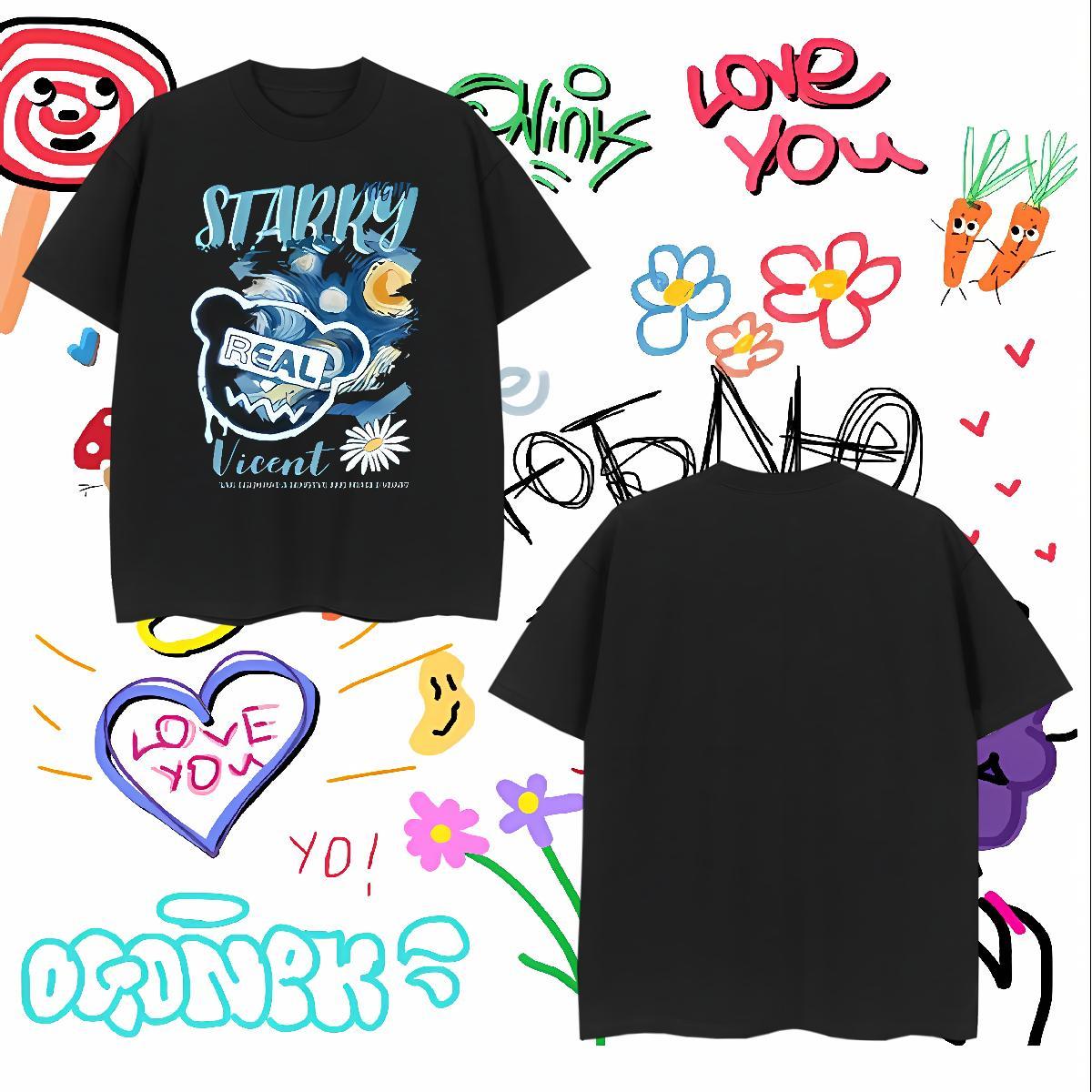 Soft Mens Tshirts 230g Cotton bear Mens T Shirts High Street Hip Hop Breathable Crew Neck Graphic Casual New Wear