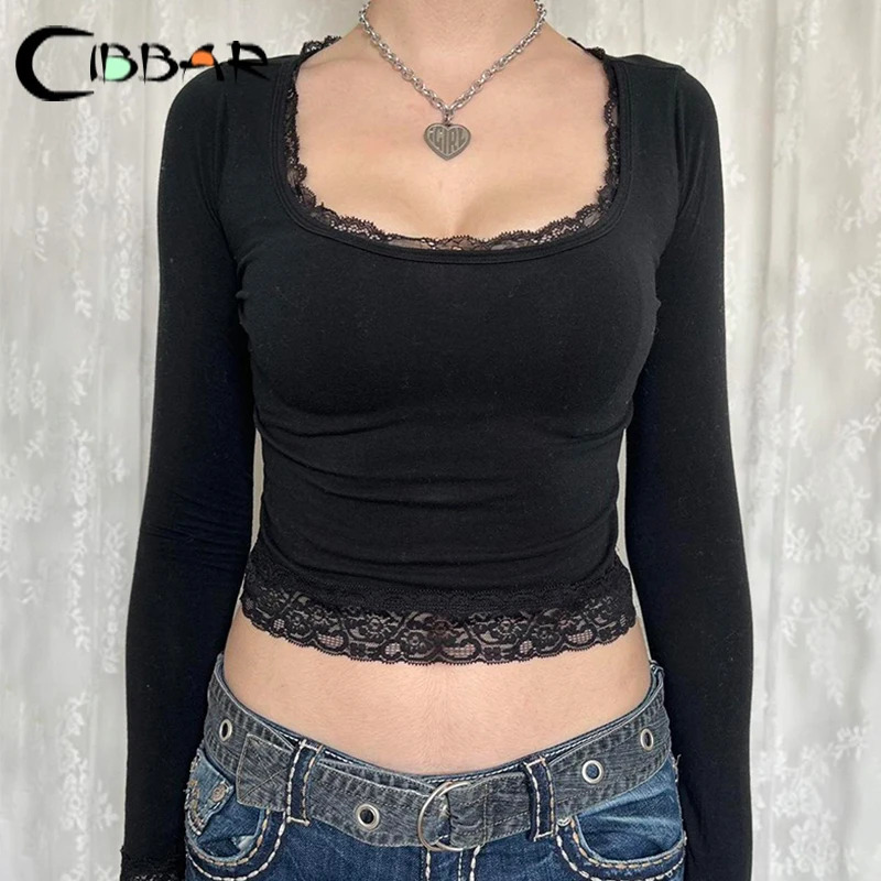 CIBBAR Vintage Lace Stitched Black Crop Top Women Basic Skinny Long Sleeve Solid T Shirt Autumn Winter Casual Tee Shirt y2k 240806
