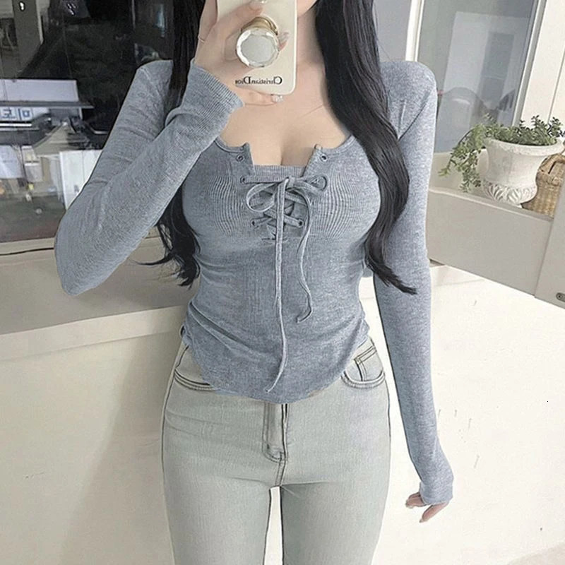 Women Sexy Lace-up Round Neck Long Sleeve Irregular Solid Color Slim T-shirt 240806