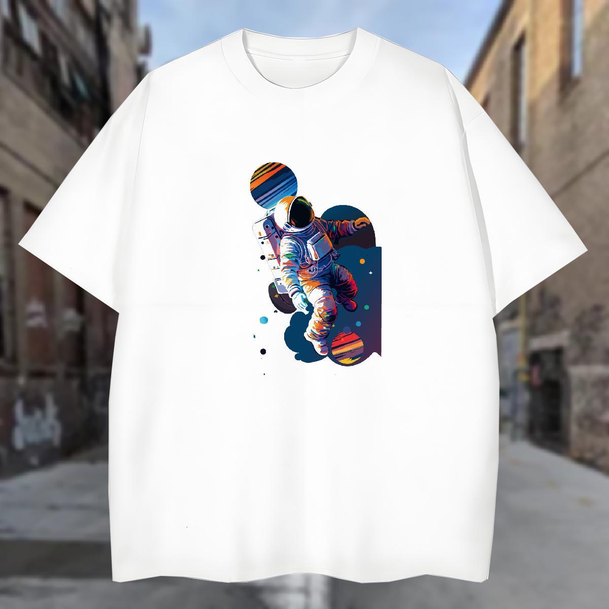 T-Shirts 230g Pure Cotton cosmonaut Summer Casual Breathable Black White Men Tops Tees New Loose Fit Tee Shirt