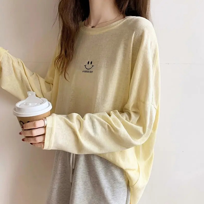 Summer White Ice Silk Letter Print Thin T Shirts Long Sleeve Solid Color Loose Casual Tops Tees Fashion Trend Women Clothing 240806