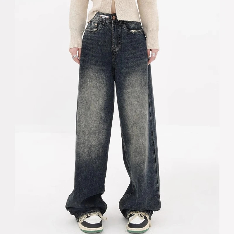 American Retro High Waist Straight Leg Loose Wide Leg Jeans Womens Washed Distressed Versatile Casual Pants 240806