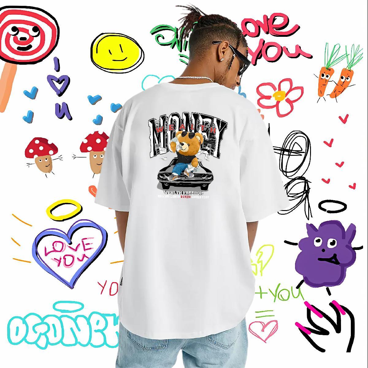 Fashion Designer T-Shirts for Men 230g Cotton bear High Street Hip Hop Tshirts Round Neck Short Sleeve Loose Couples T Shirts Custom Cartoon