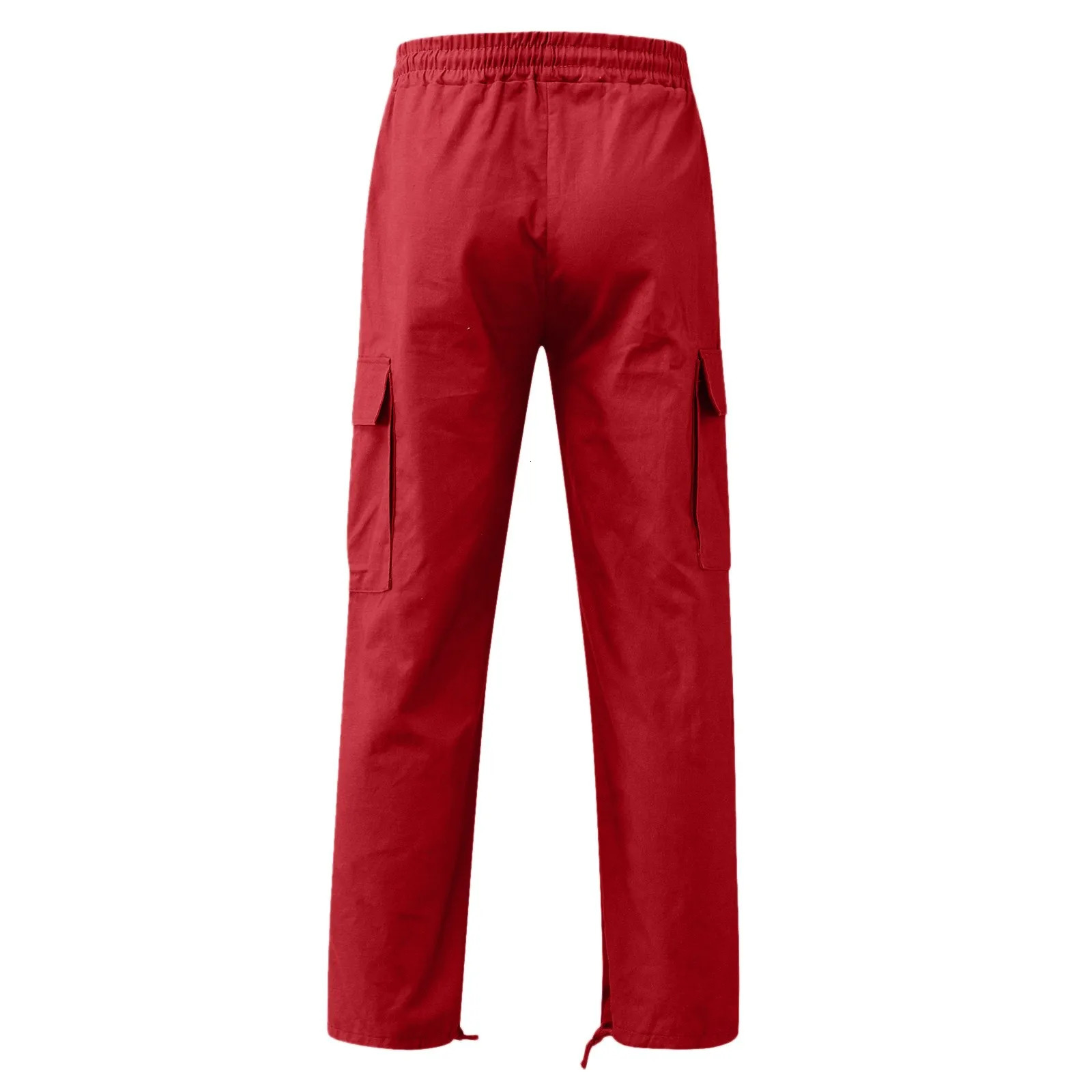 Red Cargo Pants Male Multi Pockets Elastic Drawstring Sports Trousers Mens Solid Color Streetwear Floor Length 240806
