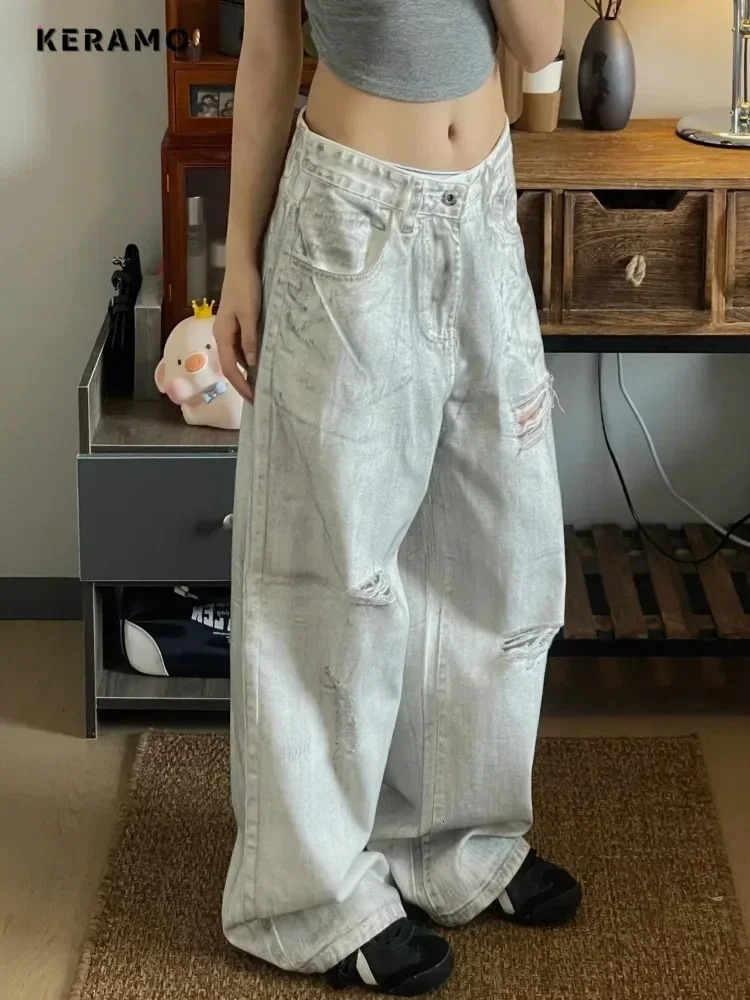 American Vintage High Waist Ripped Jeans Womens Casual Y2K Wide Leg Grunge Pants 2000s Baggy High Street Washed Denim Trouser 240806