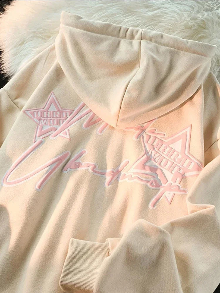 Deeptown Y2K Vintage Zip Up Hoodies Women Harajuku Hip Hop Letter Print Sweatshirts Gothic Streetwear Loose Patchwork Tops Coats 240812