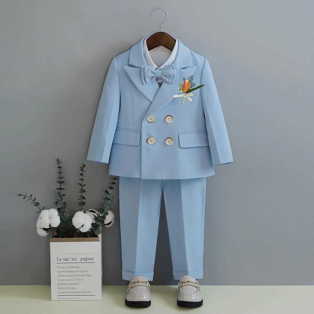Suits Child Fomal Dress Suit Set British Style Baby Boys Wedding Birthday Party Performance Costume Kids Blazer Pants Bowtie Clothes