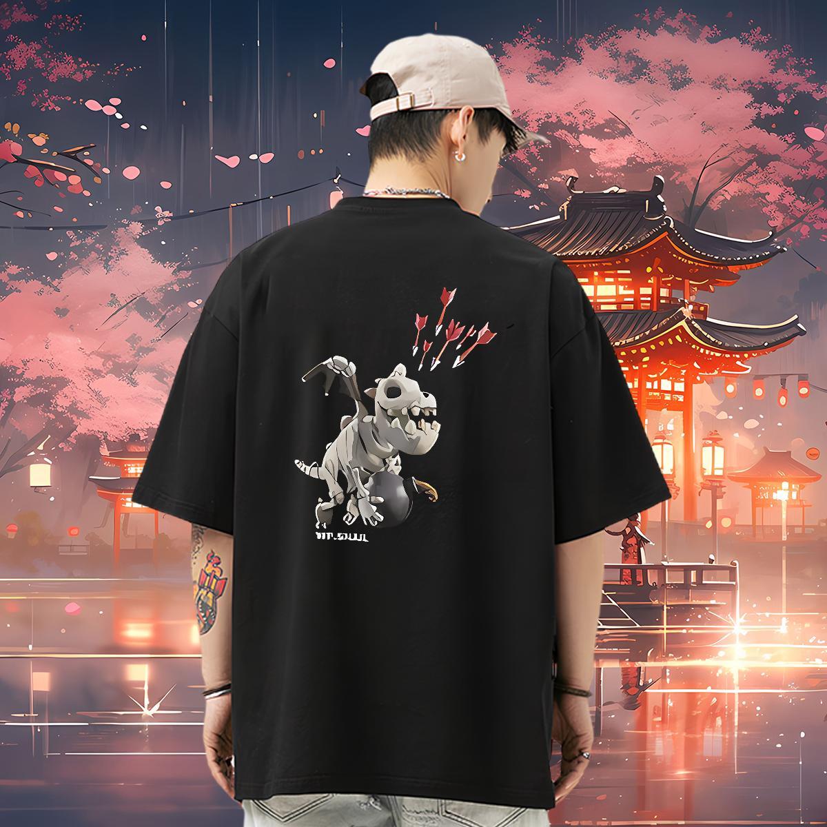 DIY T-Shirts 230g Pure Cotton dinosaur High Street Hip Hop Tees Shirts Short Sleeve O-Neck Brand Men Tees DIY Logo Oversized