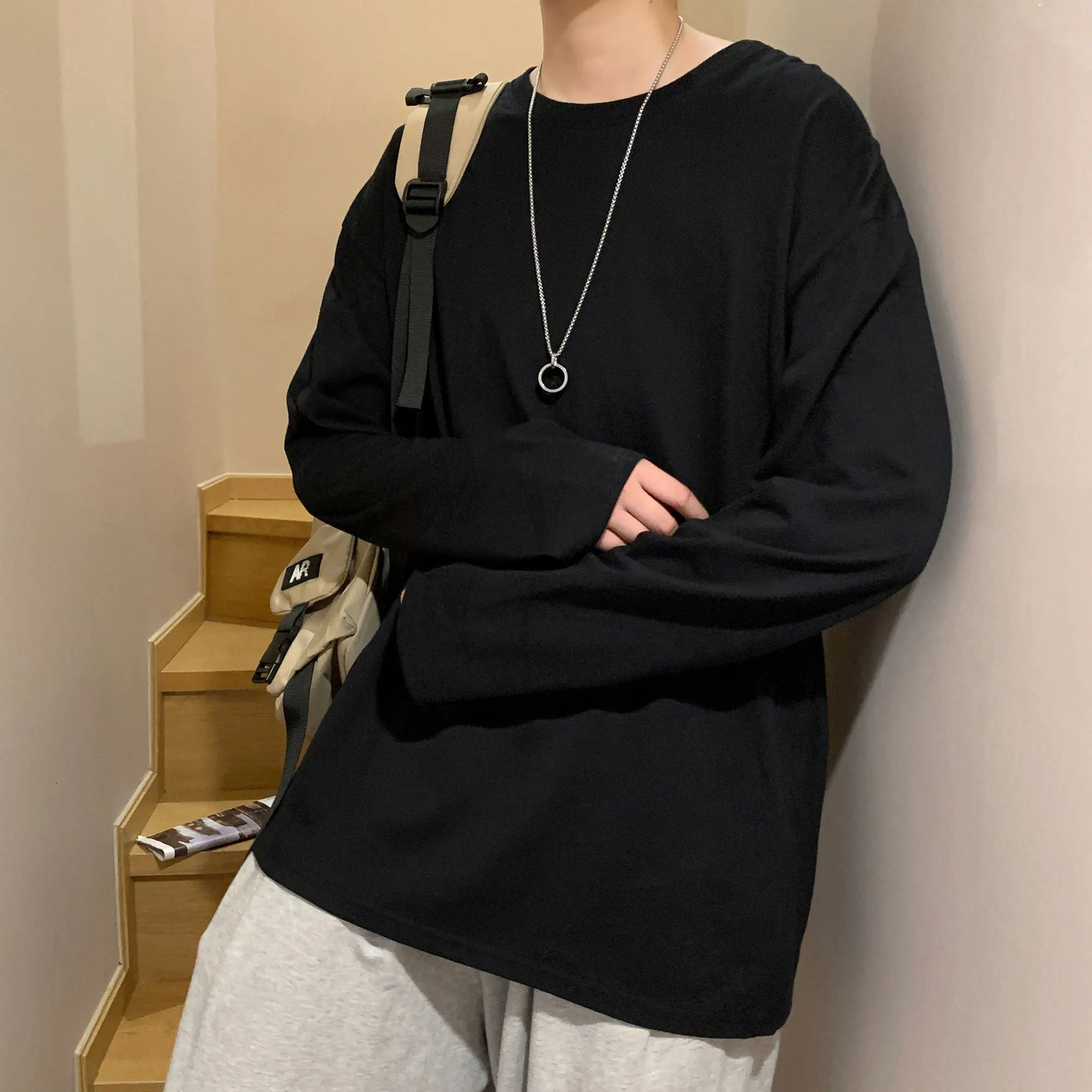 Fall Long Sleeve Pullover basic T-shirt for Men Loose Large Size Fashion Solid Color Tops Casual Autumn Streetwear Tops T Shirt 240812