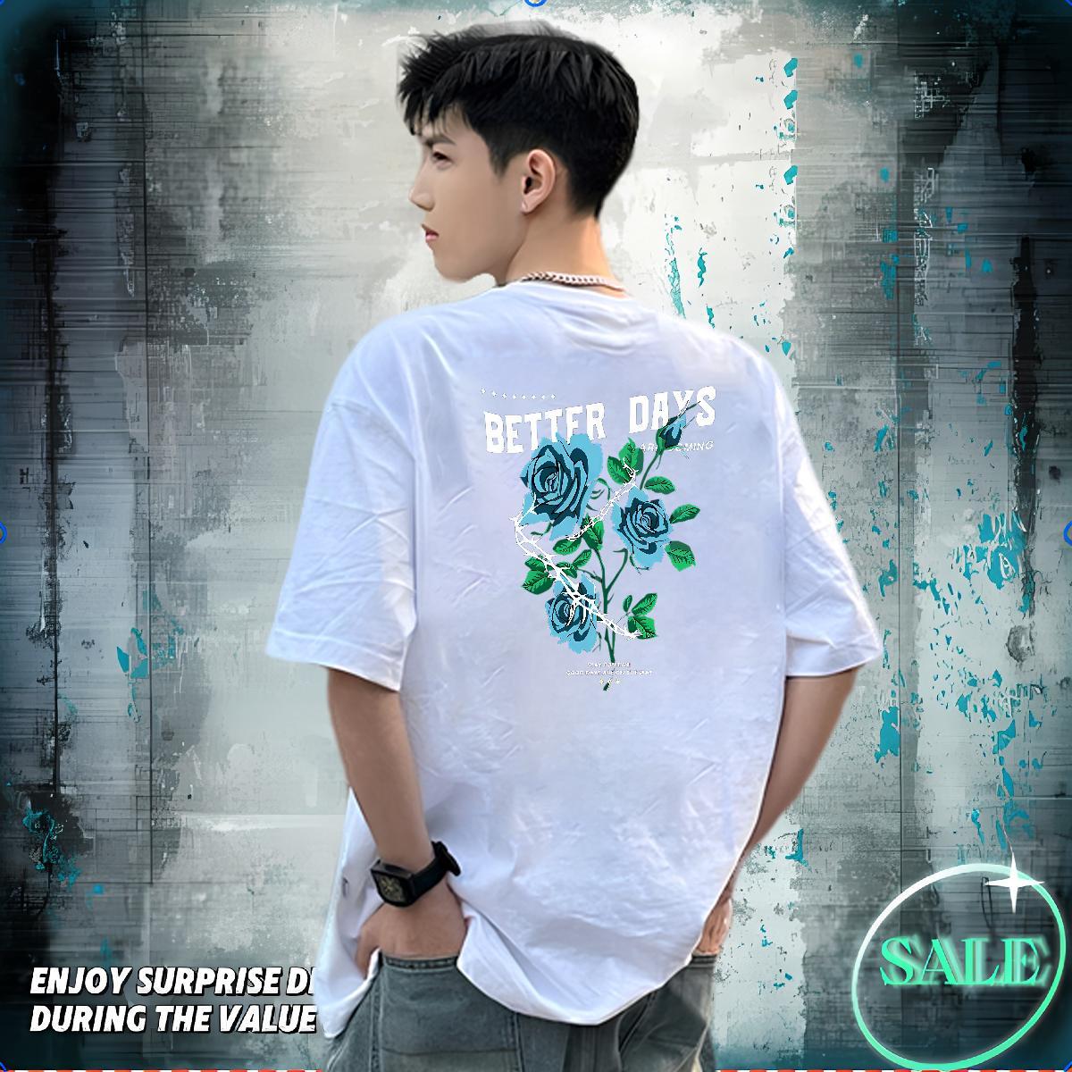 New Designer T Shirts Men 230g Cotton ROSE Anime Printing Street Tee Shirt Breathable Short Sleeve Loose Men Tops Tees Oversized 3XL 4XL