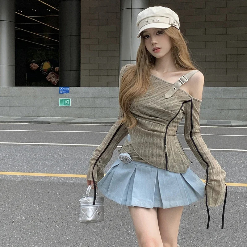 Vintage Tops One Shoulder Knit Slim Fit Irregular Hem T Shirt Korean Grunge Y2K Crop Tees Summer Ruched Long Sleeve Tees Shirt 240806