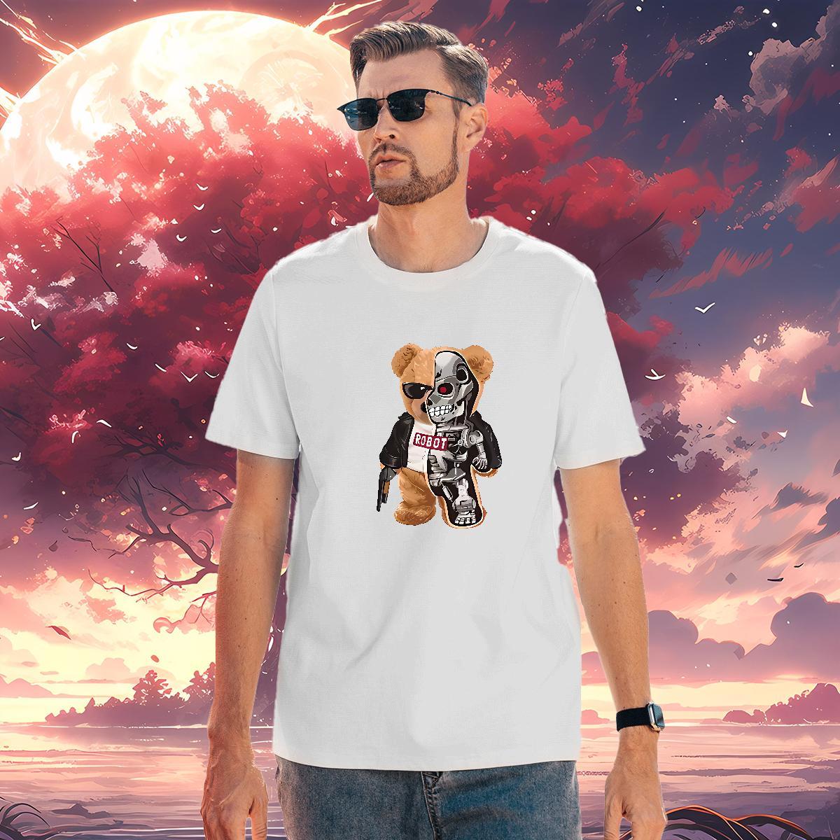 T Shirts Men 230g Pure Cotton bear Home Outdoor Breathable Short Sleeve Anime Tshirts New Loose Fit Tops