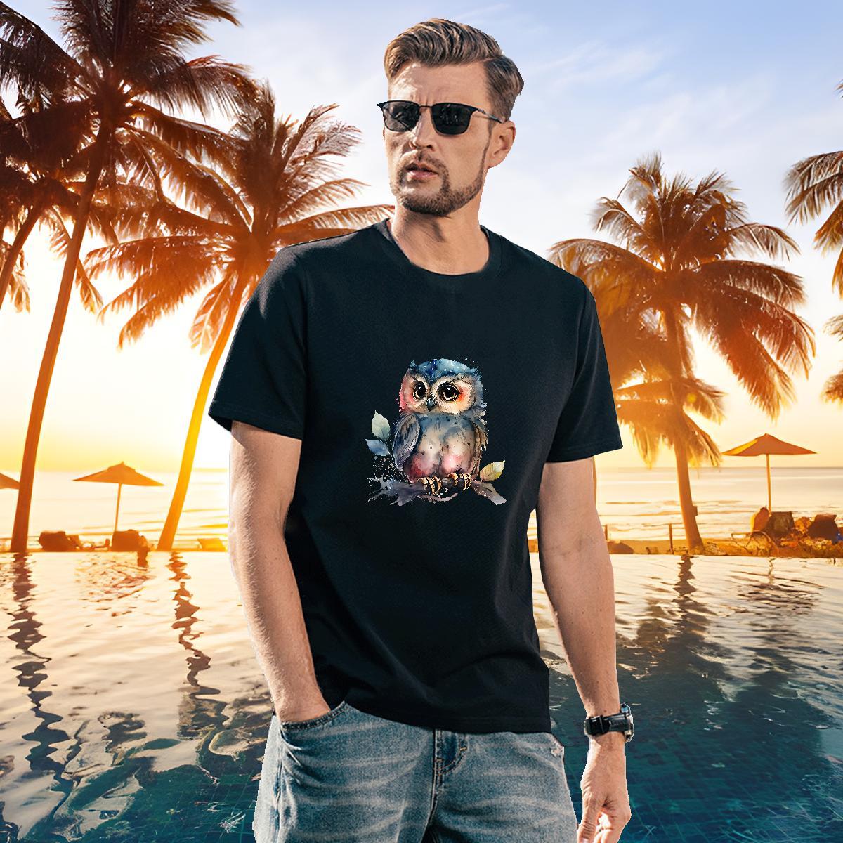 Free Shipping Mens Tshirts 100% Cotton 230g Owl Men T Shirts Daily Outfit Breathable Floral Print Casual New Top Tees